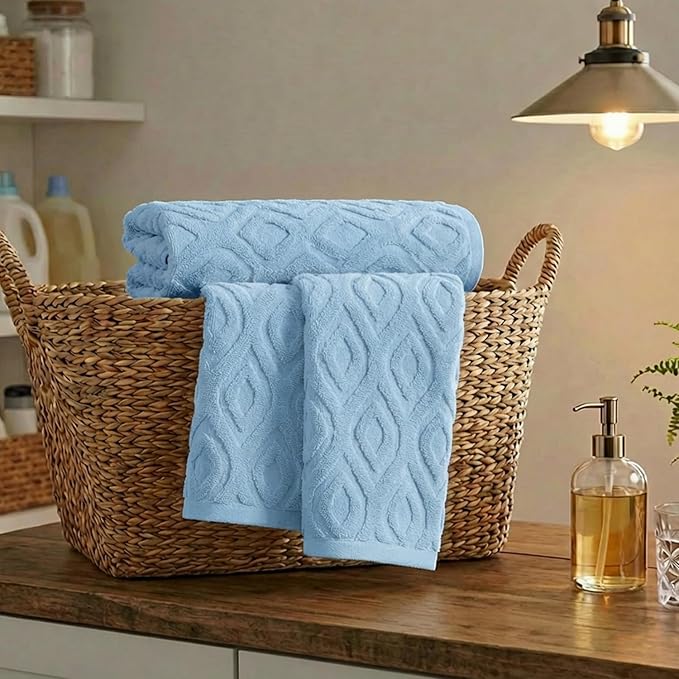 Artoid Mode 2 Pcs Light Blue 3D Diamond Grid Jacquard Hand Towels