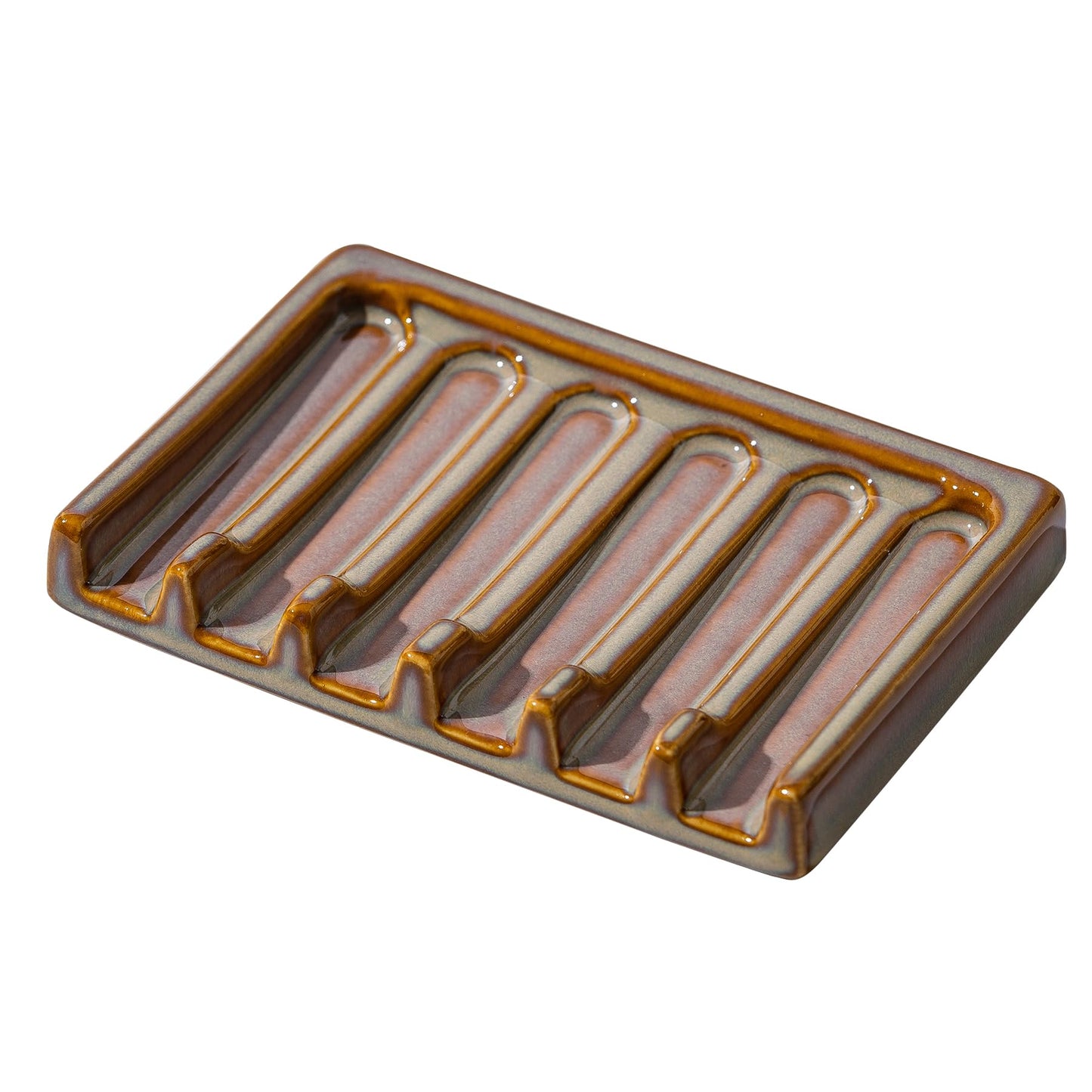 Tanew Self Draining Premium Brown Ceramic Waterfall Soap Dish, Bar and Shower Soap Holder Sponge Holder Soap Tray Savers for Bathroom, Shower, Kitchen, Sink and Countertop
