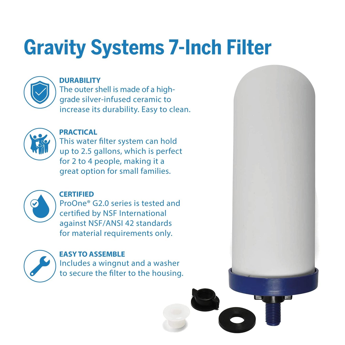 ProOne G-Series 7-Inch Gravity Filter Replacement 2-Pack - Universally Compatible with Gravity Water Filtration Systems - NSF/ANSI Certified to Reduce Lead, Microplastics, & Total PFAS (2-Pack)