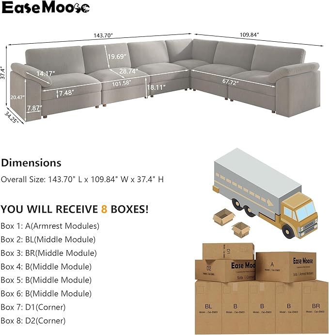 EASE MOOSE Oversized Sectional Modular Sofa, Large L Sectional Couch Wide Deep