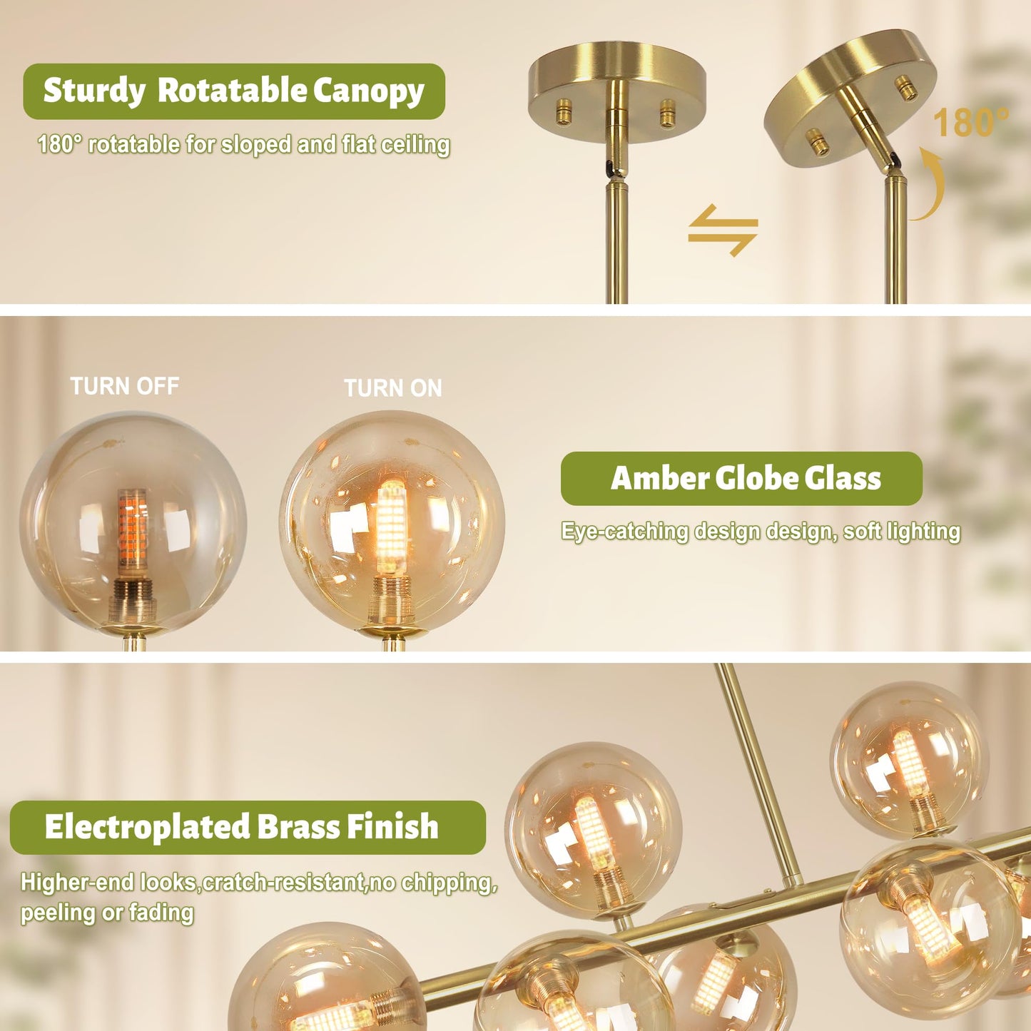 Gold Linear Chandelier,8-Light Bubble Amber Glass Globe Chandelier Mid Century Modern Sputnik Chandeliers for Dining Room Light Fixture Electroplated Brass Chandelier 37" Pendant Lights Kitchen Island