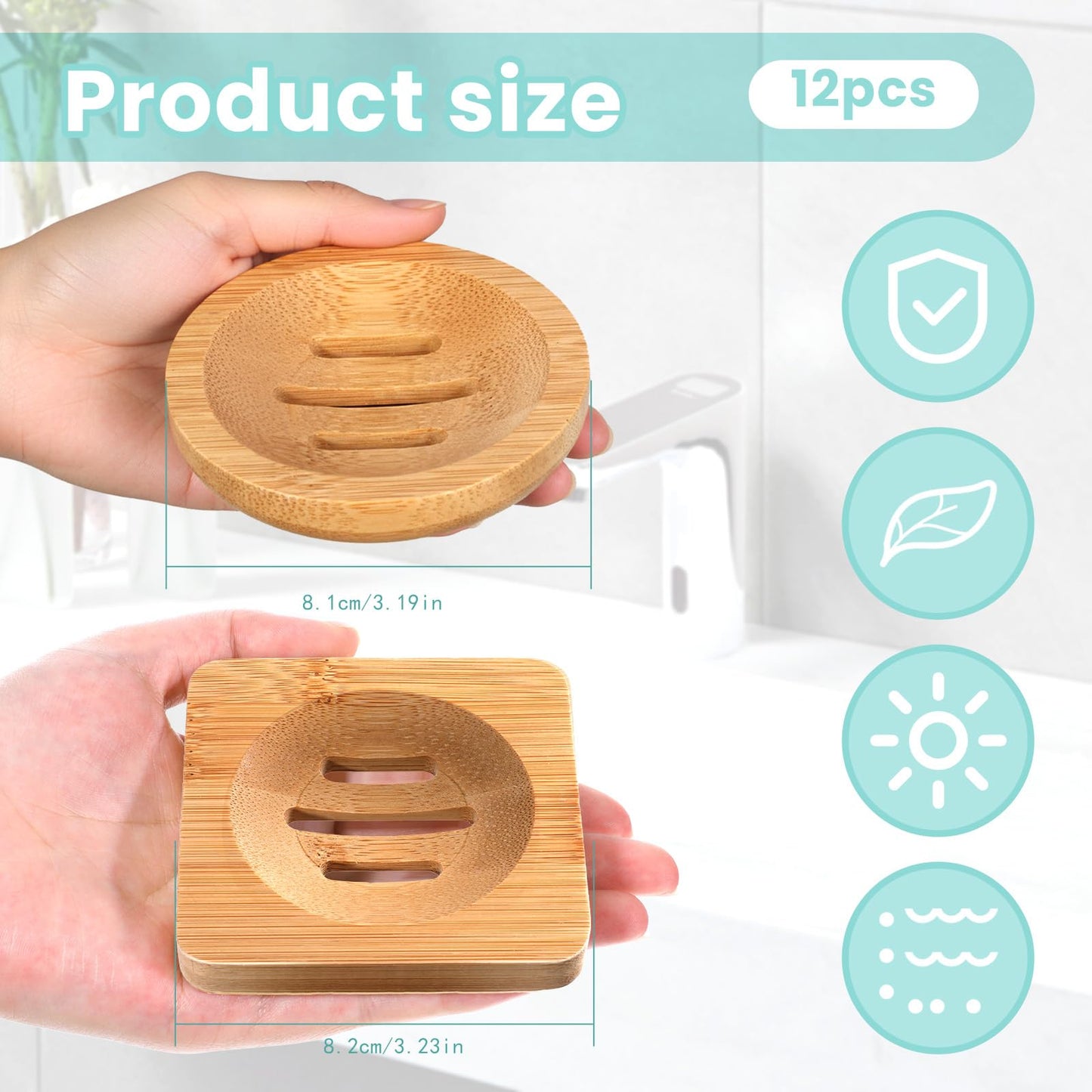 12 Pcs Bamboo Soap Dishes, Wooden Soap Tray Soaps Holder for Bathroom, Shampoo Bar Holder for Shower, for Home Bathroom(Square & Round)