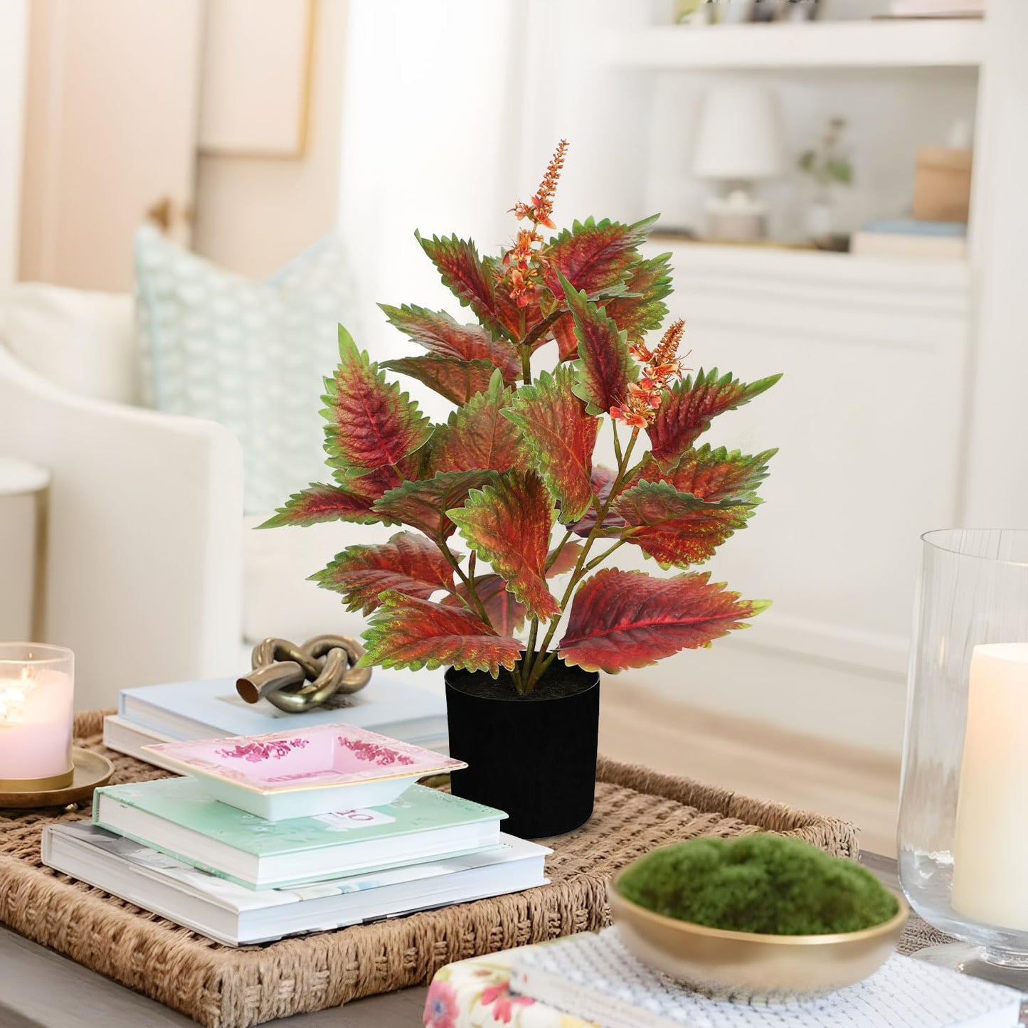 Artificial Plants Indoor with Pot 16.9" Faux Potted Perilla Plants Indoor Decorative Silk Greenery in Black Pot for Farmhouse Home Bathroom Living Room Office Table Shelf Decor