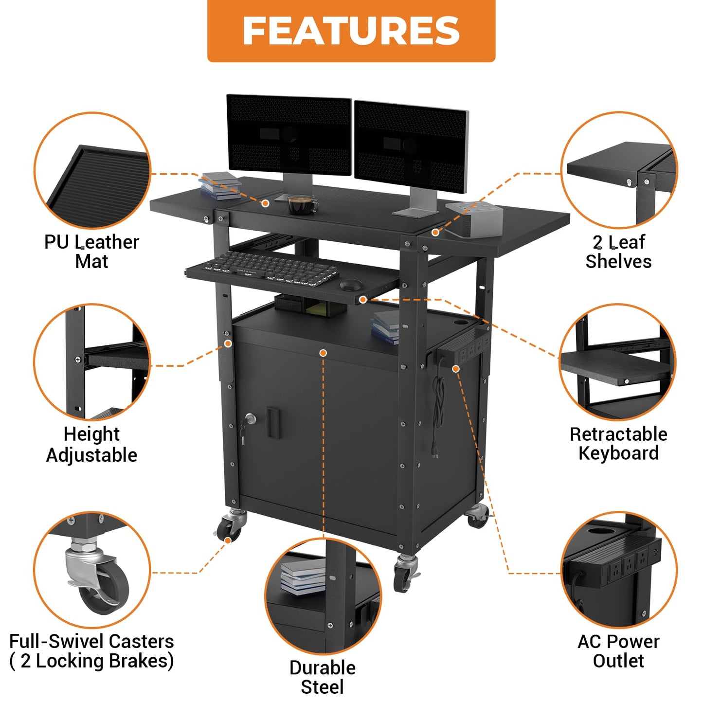 Mobile AV Cart with Pullout Keyboard Tray, Rolling Computer Cart Height Adjustable Rolling Media Utility Cart with Extra Storage Space, 4 Outlets, Perfect for Home or Office Use