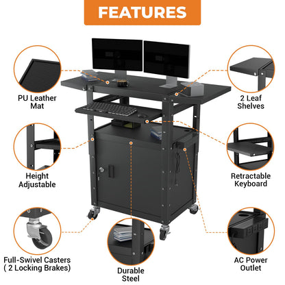 Mobile AV Cart with Pullout Keyboard Tray, Rolling Computer Cart Height Adjustable Rolling Media Utility Cart with Extra Storage Space, 4 Outlets, Perfect for Home or Office Use