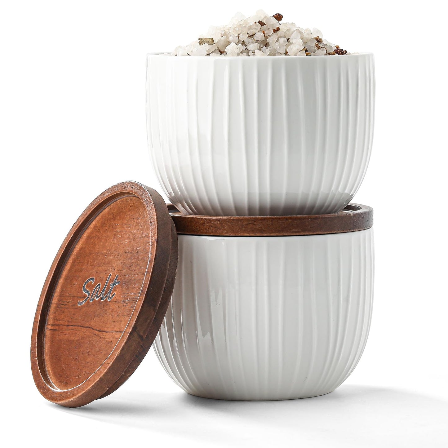 Adewnest Ceramic Salt and Pepper Bowls: 10 oz Stackable Spice Cellar with Wooden Lid - Stacked Seasoning Storage Containers for Kitchen Countertop - White, Set of 2