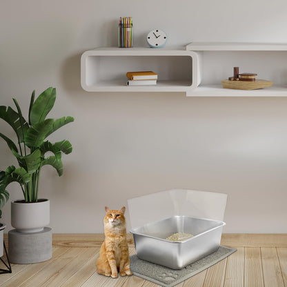 2 Set Stainless Steel Litter Box - 17.7"x13.8"x5.9", High-Sided Shield, Scoops, Mats for Multiple Cats, Easy to Clean