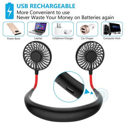 Portable Neck Fan, Handsfree Mini USB Neck Fan Rechargeable Wearable Neckband Fan, Desk Fan, Necklace Fan with Dual Wind Head 3 Speeds LED Light for Traveling Sport Outdoor Camping Office (Black)