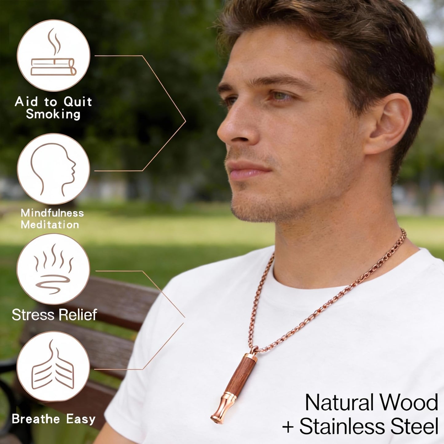 BOLAGTIER Mindful Breathing Necklace: Natural Wood Fidget Charm for Anxiety Relief & Quit Smoking Aid, Stainless Steel Sensory Pendant to Calm Your Mind (Rose Gold)