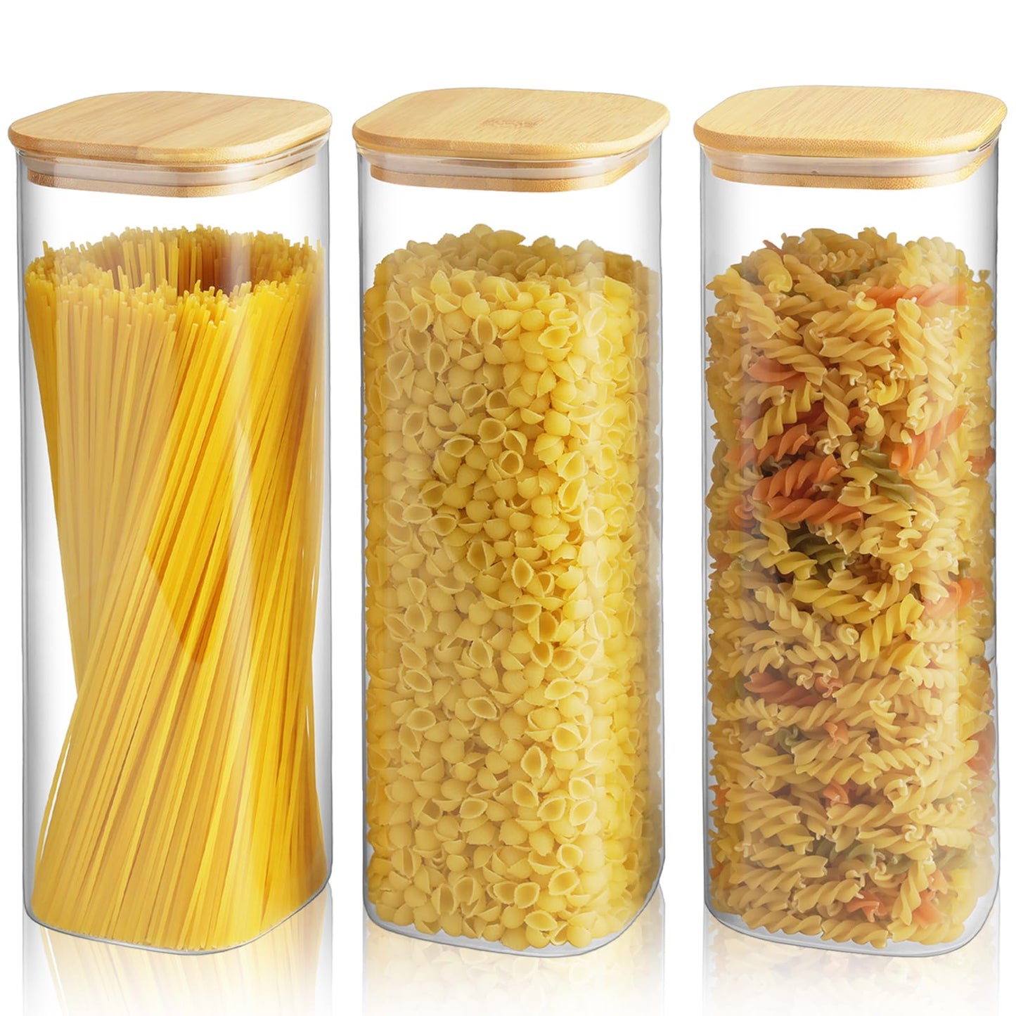 Glass Spaghetti Pasta Storage Container - 3 Pack 2.5 QT Airtight Food Storage Jar Set with Bamboo Lid Labels -Tall Square Kitchen Pantry Canister Organizers for Noodle Cookies Flour Cereal Coffee Bean