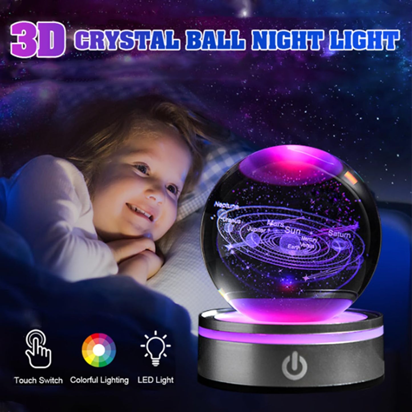 QIANCHANG Solar System 3D Crystal Ball with LED Stand, 80mm Galaxy Model Decor Glass Sphere Lamp Night Light, Space Universe Astronomy Gifts for Women Men Mom Kids