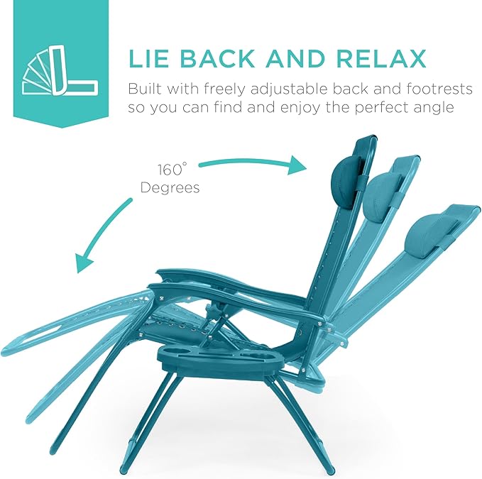 Best Choice Products Set of 2 Adjustable Steel Mesh Zero Gravity Lounge Chair Recliners w/Pillows and Cup Holder Trays - Peacock