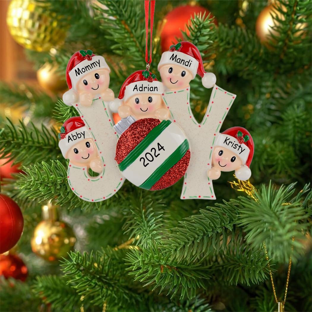 Personalized Joy Family Ornament 2024, Elves Happy Family of 5 for Xmas Tree Decorations, 5 Grandkids Ornament, Customized, Unique Family Christmas Tree Ornaments 2024 - Customize Name for You