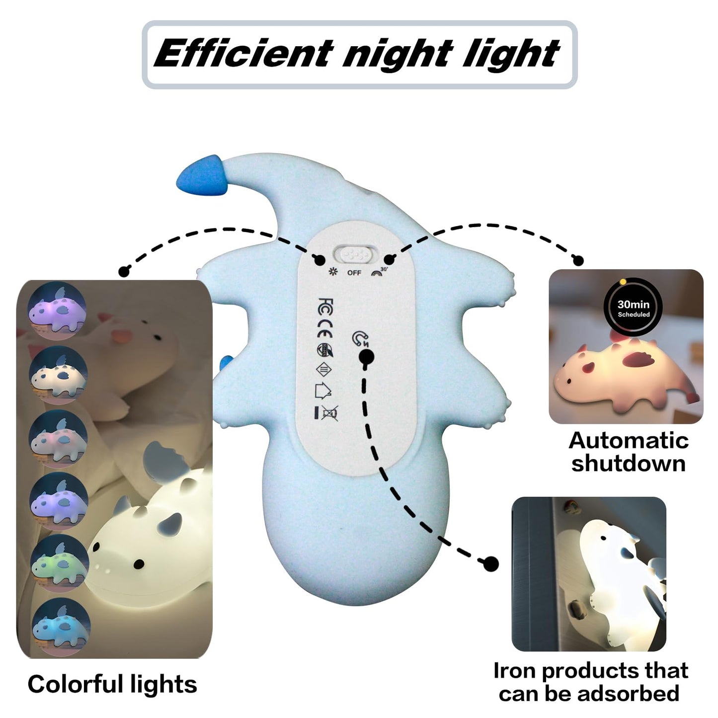 Yesinaly Cute Silicone Night Light for Kids - Touch Control LED Nursery Lamp for Baby Toddler Bedroom, Portable Battery Powered Nightlight for Nursery Nightstand - Dragon Design, Blue