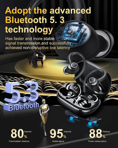 Jesebang Wireless Earbuds, Bluetooth 5.3 Headphones, 2024 Wireless Earphones HiFi Stereo Sound with ENC Mic, Sport Headsets in Ear EarHooks for Running, 40H Dual LED Display, IP7, Black