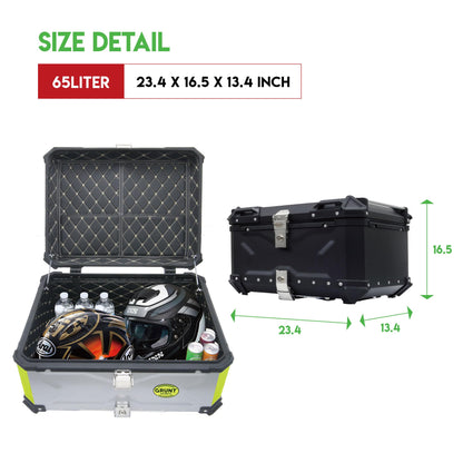 Letusto GRUNT SPORTS 65L Motorcycle Tail Box Top Case - Scooter Universal Storage Trunk – Waterproof Aluminum Luggage Tour Helmet Box with Security Lock - Includes Back Cushion (Silver, 65L)