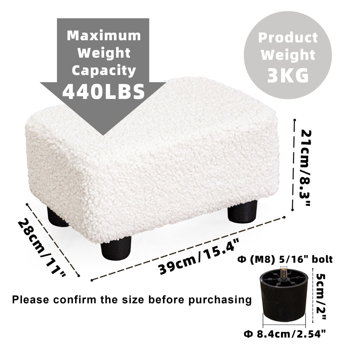 CAROLMADE Small Foot Stool Ottoman Footstool with Legs Under Desk Footrest for Living Room Bedroom and Office, Soft Ivory White