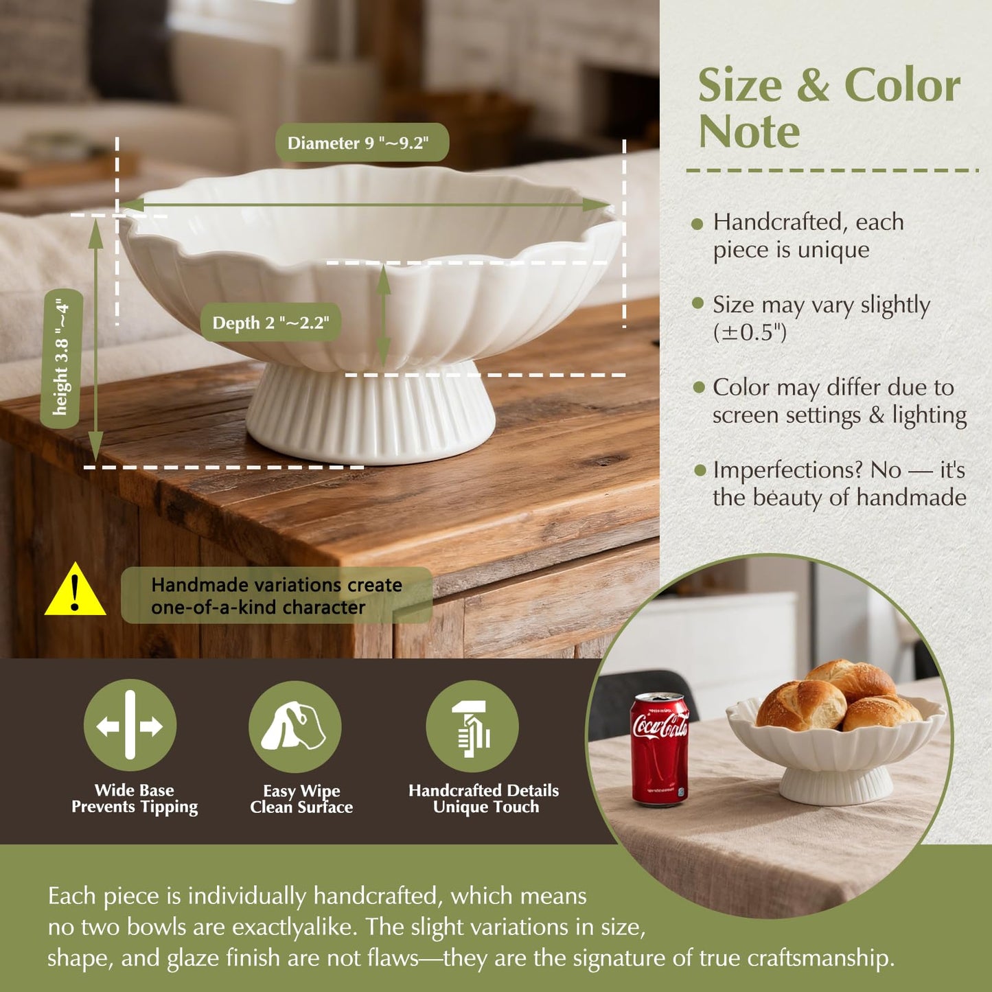 White Pedestal Fruit Bowl for Kitchen Counter, 9-Inch Ceramic Centerpiece Bowl with Fluted Texture, Modern Farmhouse Coffee Table Decor for Dining Table,Entryway Key Bowl, HouseWarming Gift