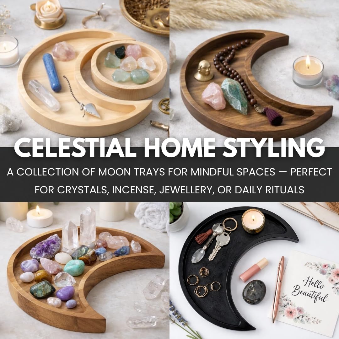Natural Pine Wood Moon Crystal Display Tray with Dish - Wooden Altar Tray 9.6" x 4.2" for Crystals and Stones Storage - Solid Wood Jewelry Organizer - Bohemian Spiritual Decor