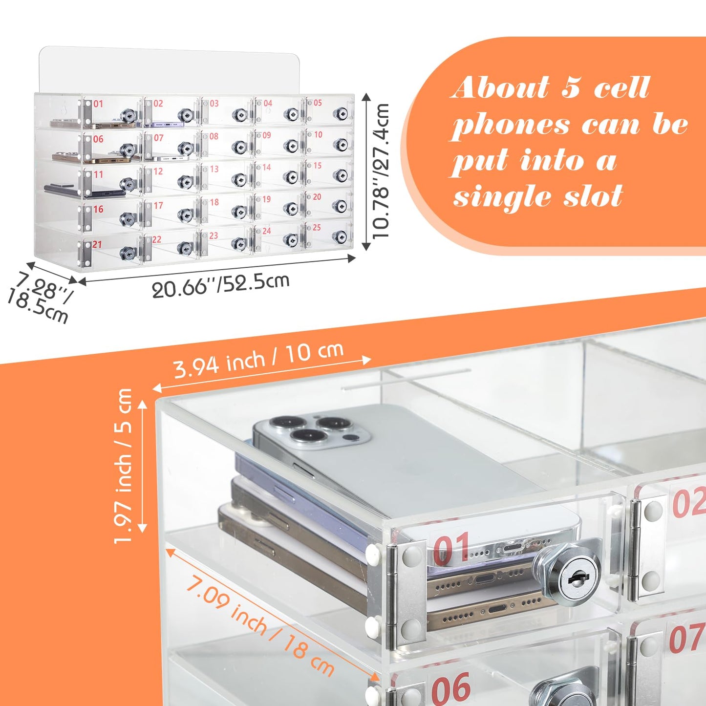Threan 25 Slot Cell Phone Storage Box, Clear Cell Phone Storage Cabinet Wall Mounted, Including Door Locks and Keys for Office School Factory Classroom Students Staff