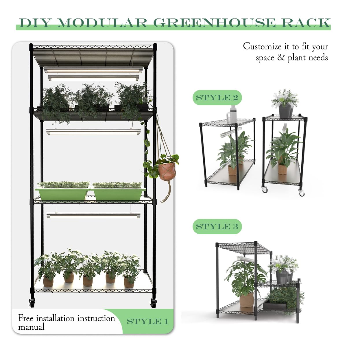 SQUEEZE master Indoor Greenhouse with Grow Lights-DIY Modular Plant Stand with 3-Tone Full Spectrum Lighting- Adjustable Shelves & 24H Timer-Rolling Plant Rack for Seed Starting