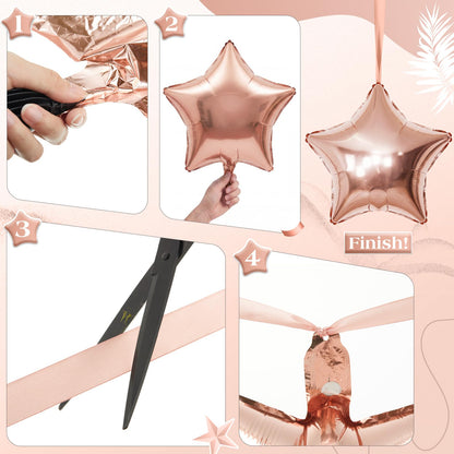 Duraaamo 30 Set Star Foil Balloons Bulk 22 Inch Metallic Star Balloons and Stars Banner and Satin Ribbon for Ceiling Birthday Ornaments Party Decor(Rose Gold)