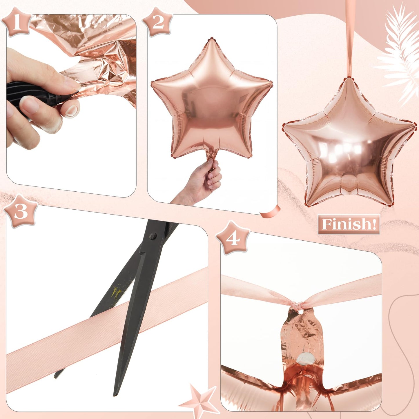Duraaamo 30 Set Star Foil Balloons Bulk 22 Inch Metallic Star Balloons and Stars Banner and Satin Ribbon for Ceiling Birthday Ornaments Party Decor(Rose Gold)