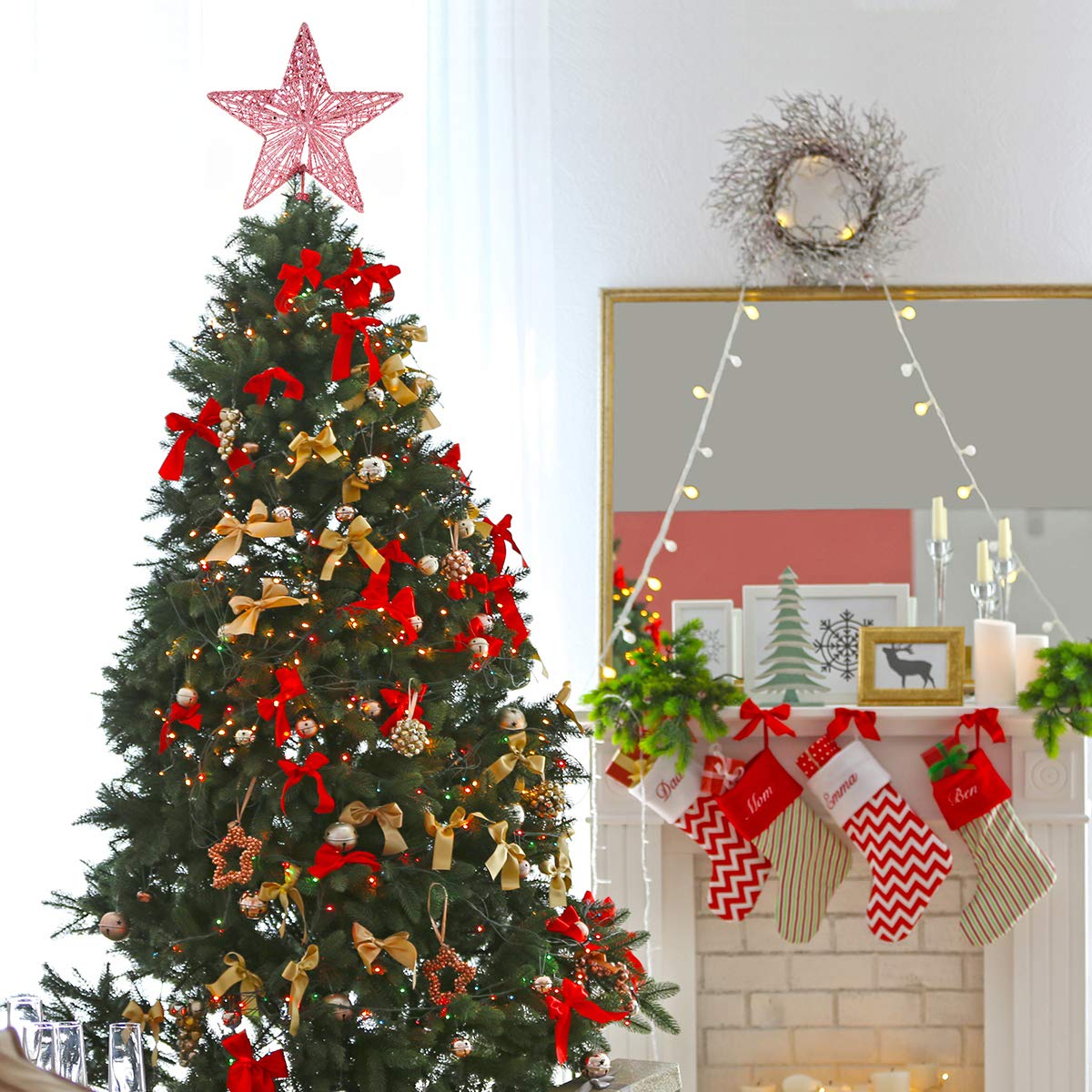 Amosfun Christmas Tree Topper 10 Inch Pink Glitter Star with Metal Hollow Design Wire Star Treetop for Holiday Christmas Home Decoration