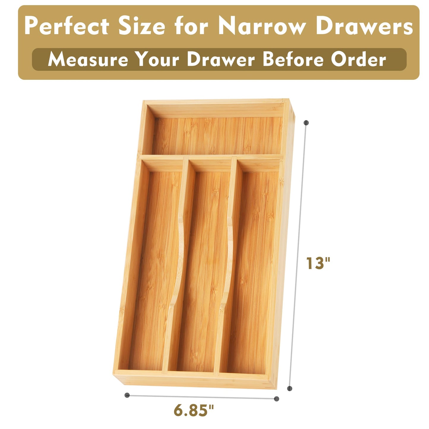 Bamboo Kitchen Drawer Organizer, 9 Inch Silverware Utensil Holder for Samll Drawer, Narrow Silverware Organizer for Cutlery Knives