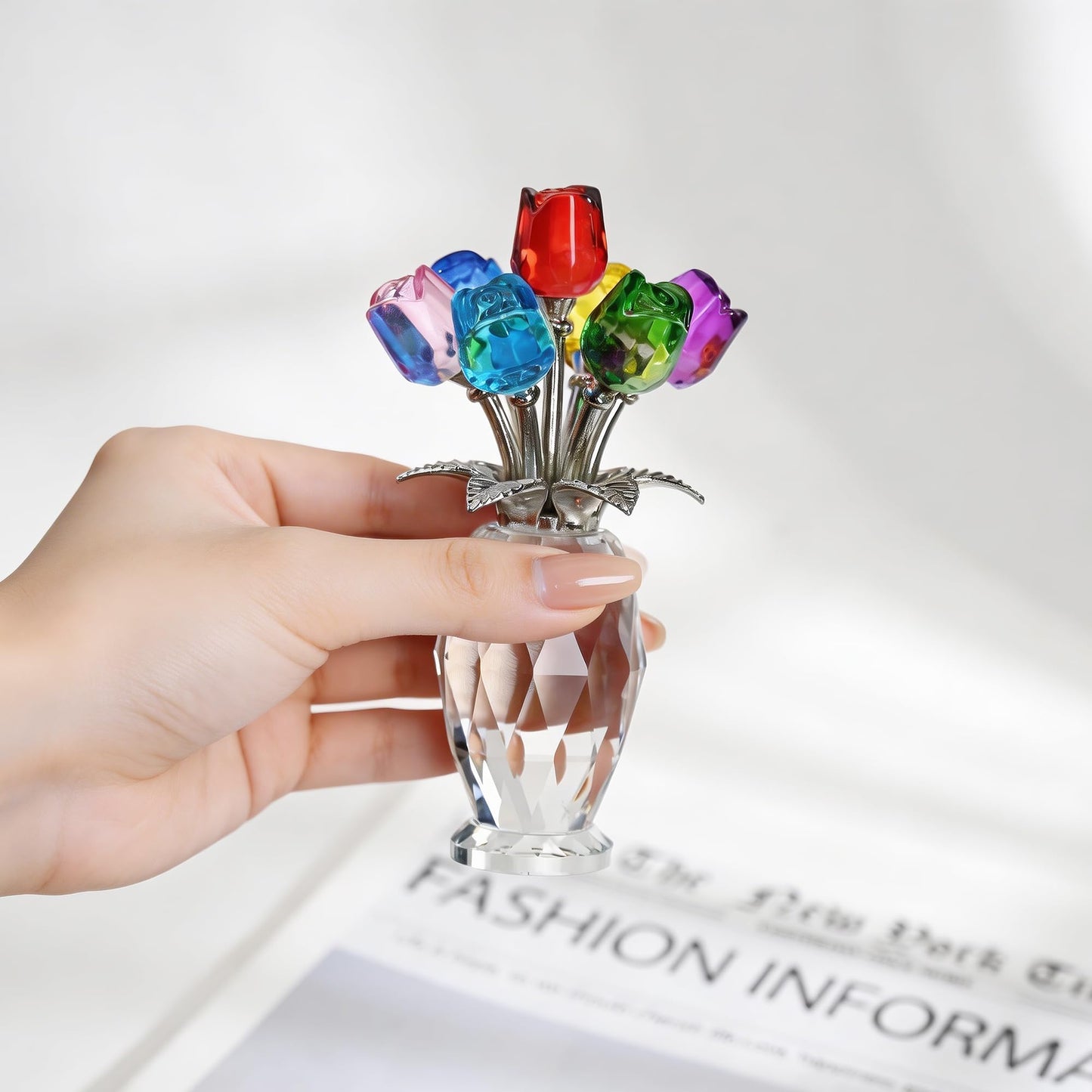 KRISININE Elegant Crystal Rose Figurine 7 Colorful K9 Crystal Flowers Floral Collectible Sculpture Romantic Gift for Valentine’s Day, Mother’s Day, Wedding, Anniversary