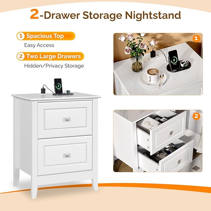 Bonnlo White Nightstand with Charging Station Night Stand White Wood Nightstand
