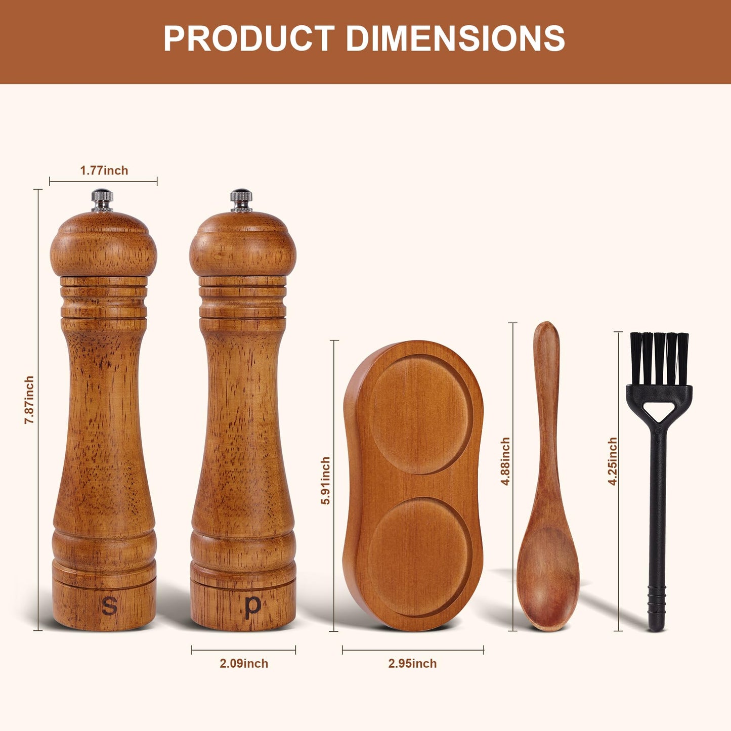 DEBETOOL Wooden Salt and Pepper Grinder Set with Stand - 8-inch Oak Wood Salt Mill Pepper Grinder Set, Adjustable Ceramic Core, 2 Pepper Mills + Wooden Spoon & Cleaning Brush (Kitchen Essential)