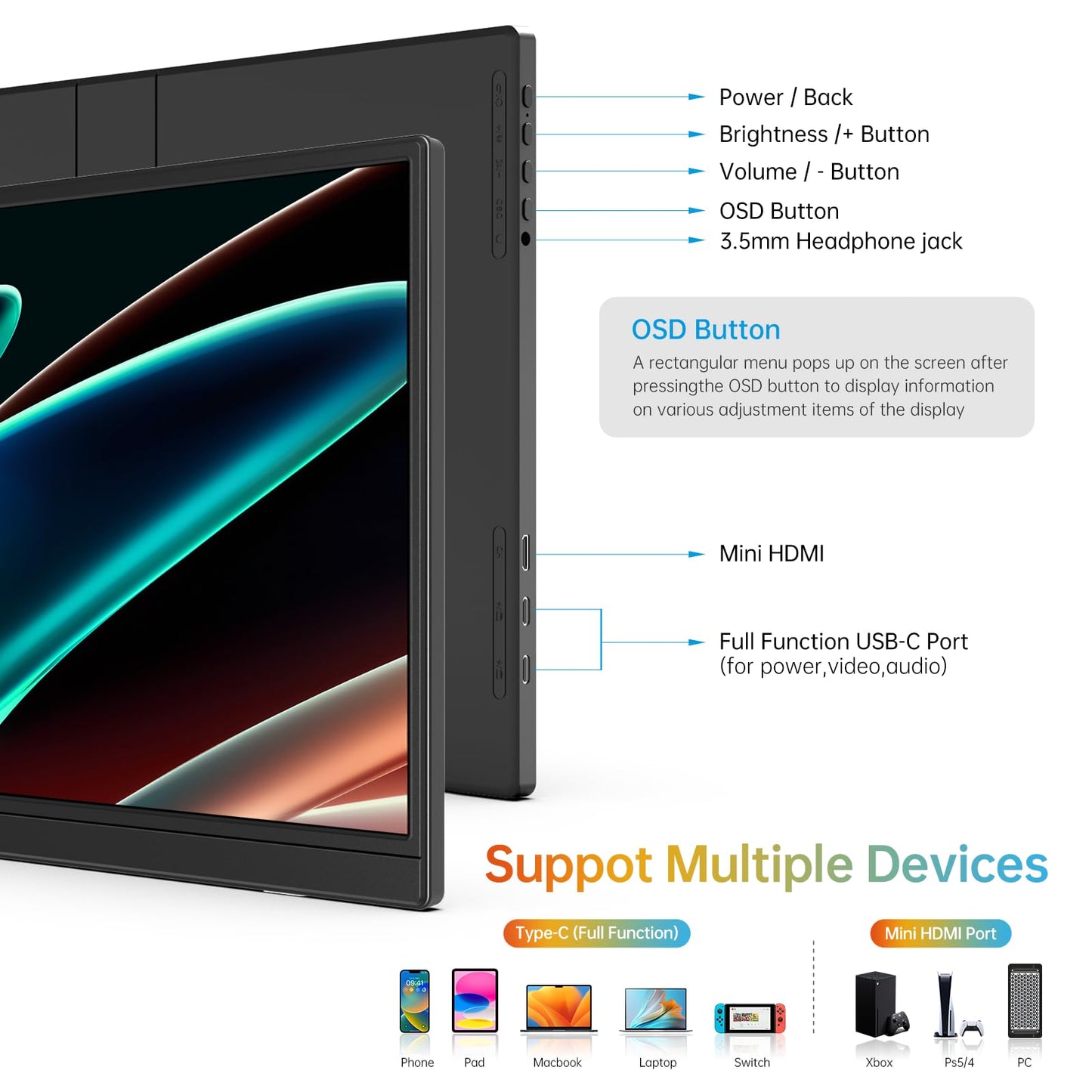 15.6inch Portable Monitor,1080P USB-C HDMI Second External Monitor for Laptop,PC,Mac Phone,PS,Xbox,Swich,IPS Ultra-Thin Zero Frame Gaming Display/Premium Smart Cover