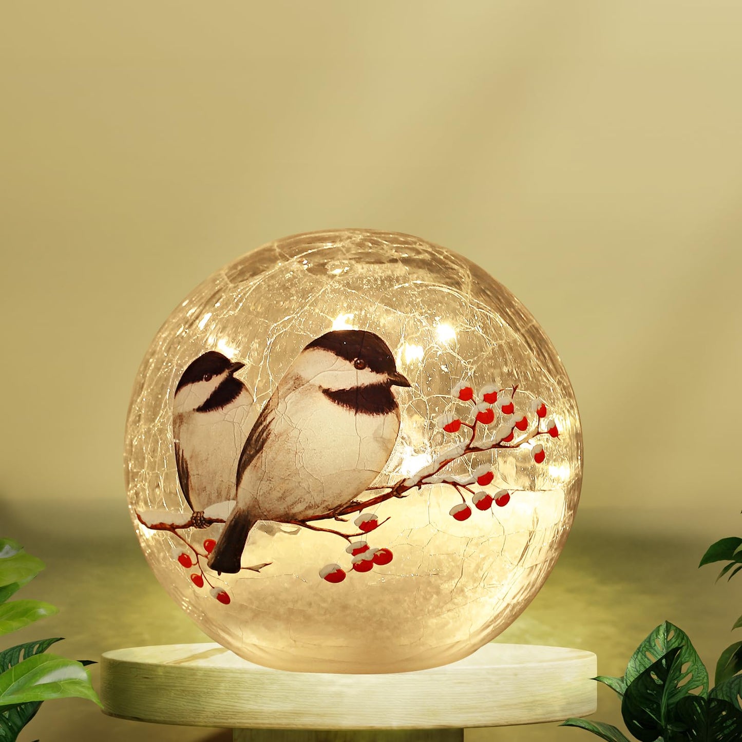 Glass Ball LED Night Lamp with Timer (6 Hour On/18 Hour Off), Showcasing 2 Birds on a Tree - 5.9 inch Battery Powered Lights Globe lamp Christmas Lights for Festive Decor and Girls Gift