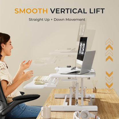 JOY worker Standing Desk Converter, 35" Height Adjustable Sit Stand Up Desk Riser with Keyboard Tray & 6 Fridge Magnets, Desktop Workstation Riser for Home Office Computer Laptop, White