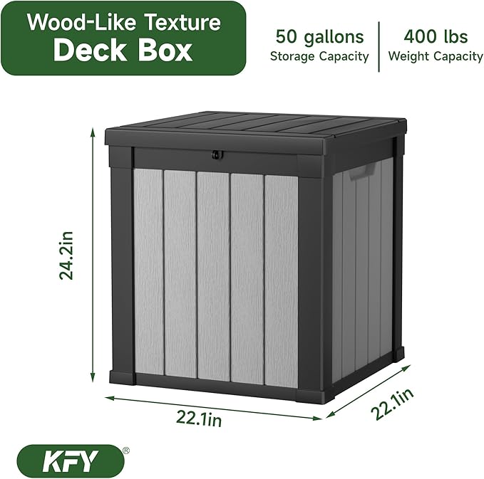 50 gallon deck box,All-weather resin material outdoorstorage box easy to install and portable,Suitable for indoor and outdoor scenes (black and white)