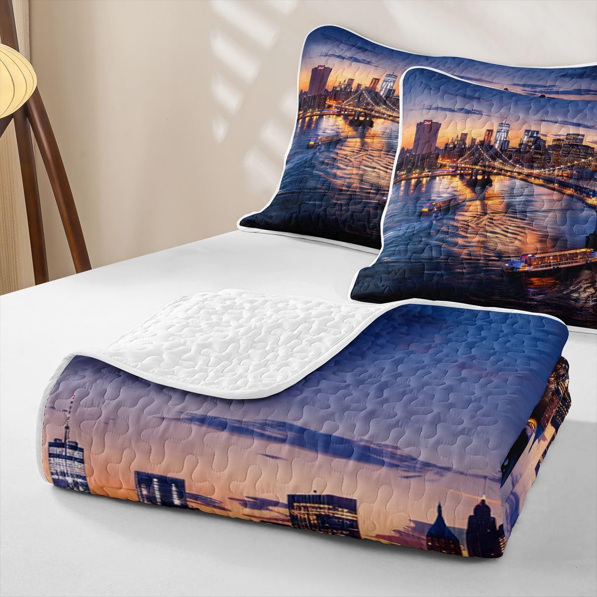 Erosebridal New York City Queen Quilt Bedding Set Cityscape Quilted Comforter Manhattan Skyline Bridge Bedspread Coverlet Sunset Scenery Quilted Blanket for Hot Sleepers Room Decor for Teen Girls