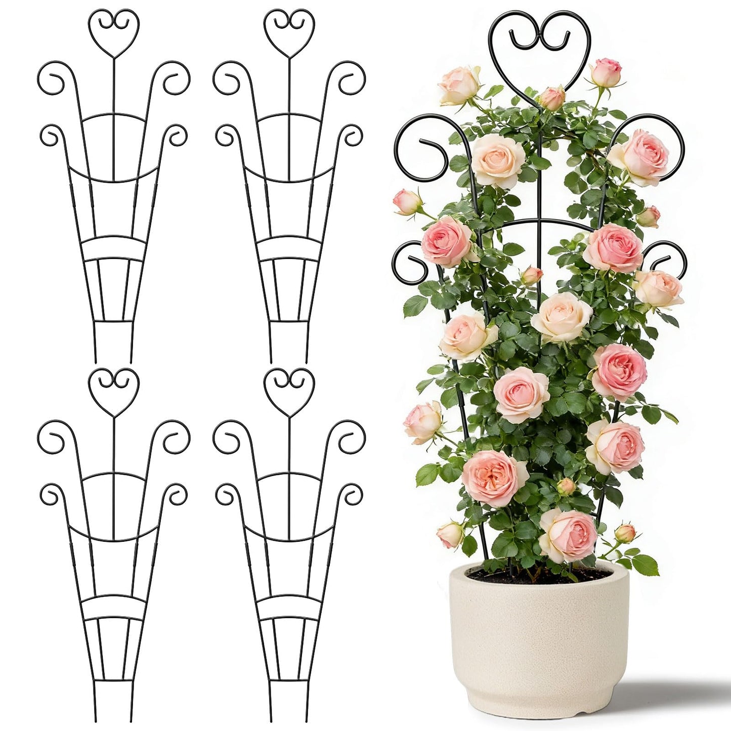 30 Inch Plant Trellis for Climbing Plants Indoor, Outdoor Metal Garden Trellis for Potted Plants, Houseplant Plant Support for Ivy Pothos Monstera Hoya Flower Vine Black Heart (Black-4pcs)