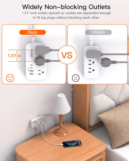 Flat Extension Cord, BESHON 5FT Flat Plug Power Strip with USB C, 6 Outlets 4 USB Port(2 USB C), No Surge Protector, Cruise Ship, Dorm Room Travel Essentials