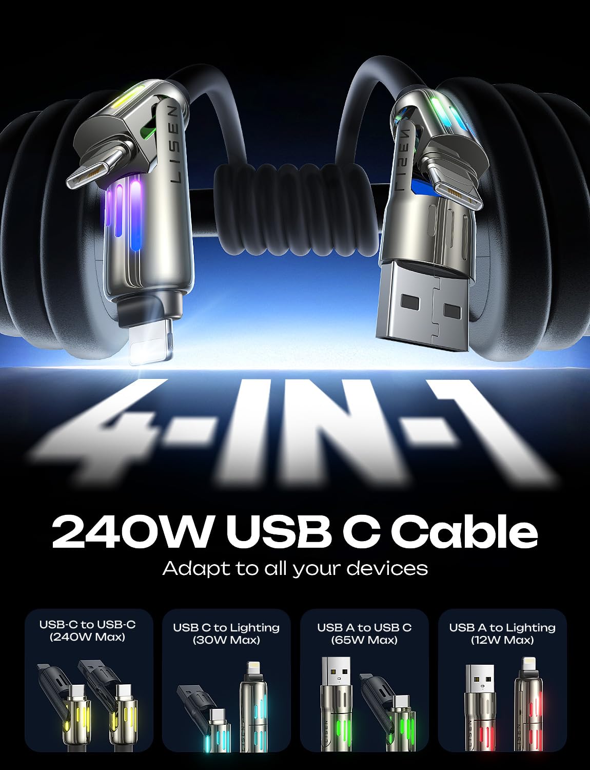 LISEN USB C to Lightning Cable, 240W 4 in 1 Charging Cable 6.6FT, Chubby USB A/C to C/Lightning with Light for iPhone Air 17 16 15 14 Pro/MacBook/iPad/Samsung/Switch 2, Multi Chargers for All Devices