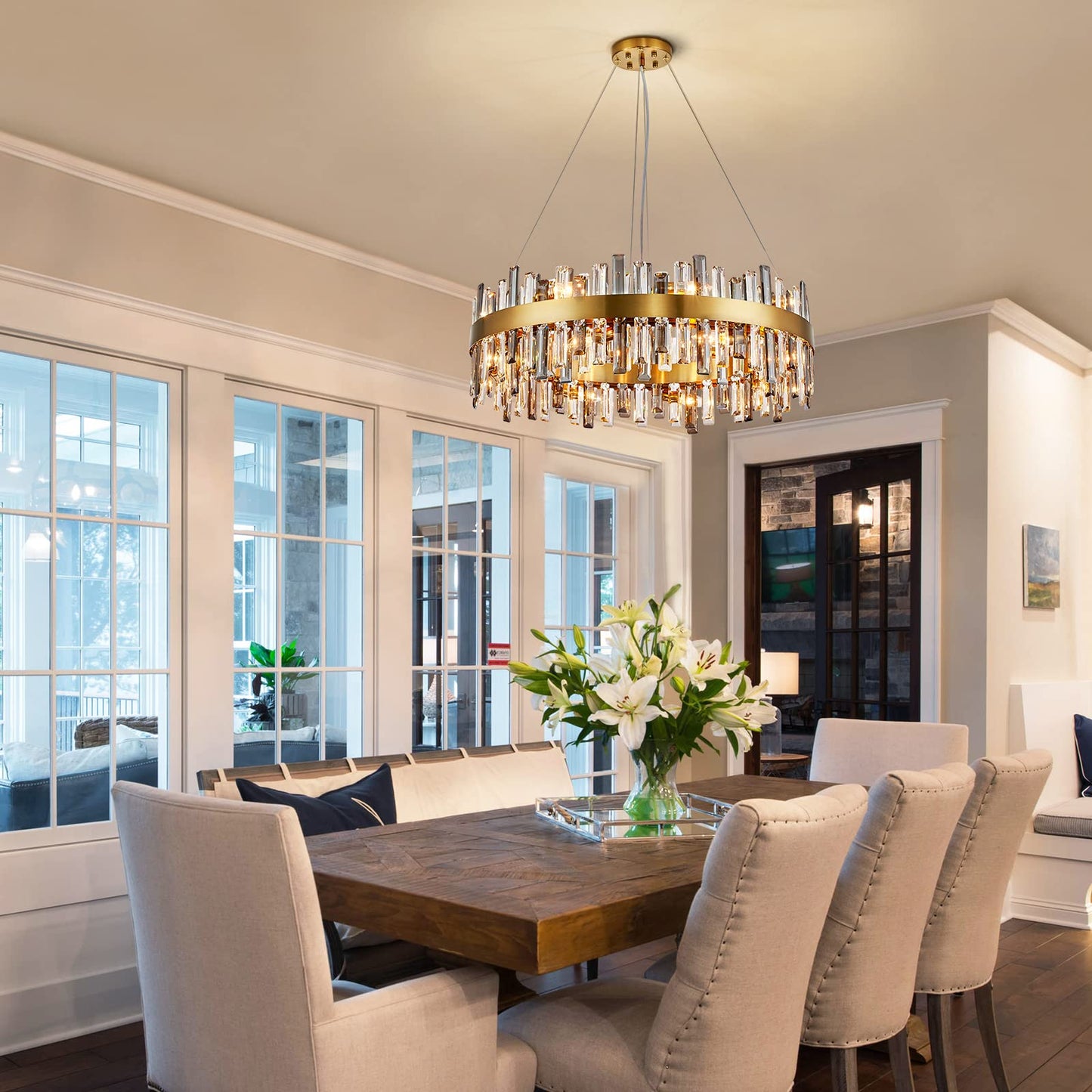 Siljoy Modern Crystal Chandelier, 16-Light Luxury Brass Gold 2-Tiers K9 Crystal Raindrop Chandelier Dimmable Crystal Pendant Ceiling Light for Dining Living Room Kitchen Island Entry Foyer D31.5''
