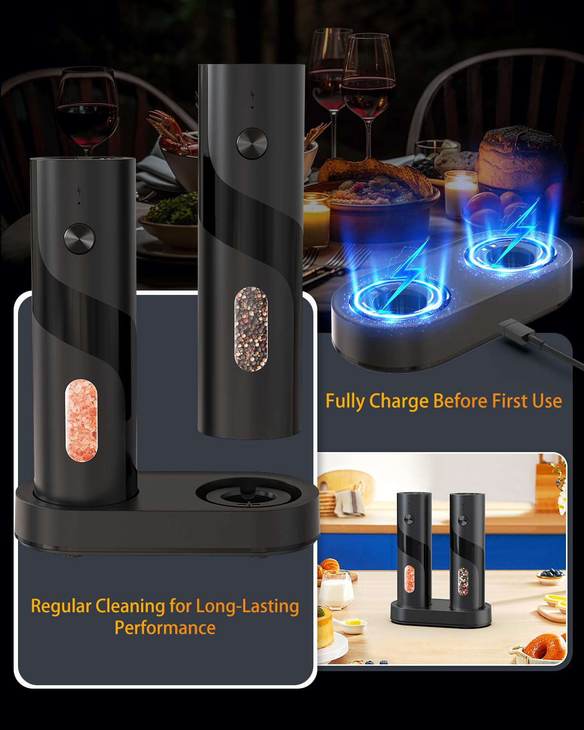 CIRCLE JOY Electric Rechargeable Salt and Pepper Grinder Set Top-Refill Automatic Pepper Mill Grinder with Charging Base, Adjustable Coarseness, Easy Filling Larger Capacity with Led for Home Kitchen