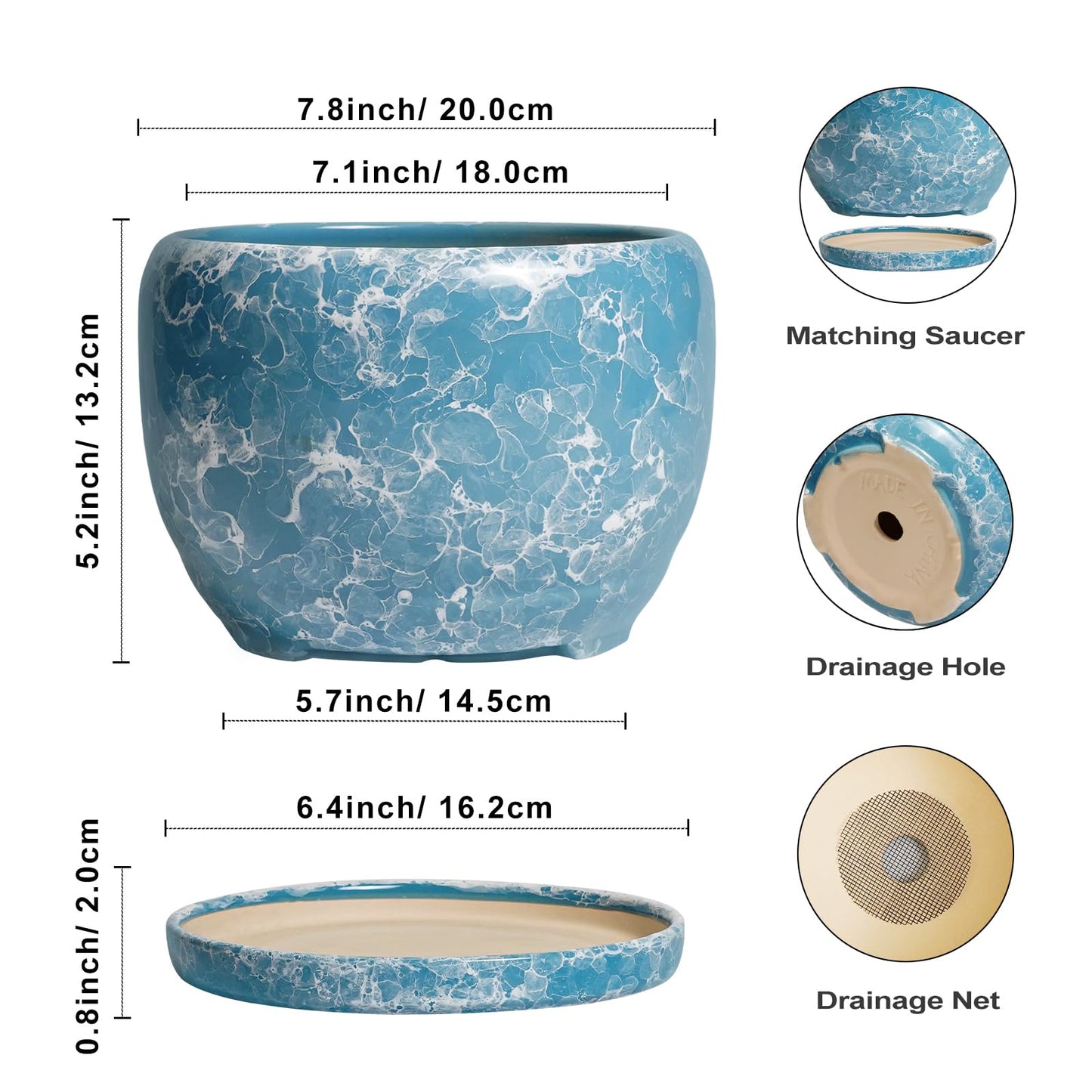 SQOWL Ceramic Pots for Plants - 8 Inch Ceramic Planter for Indoor Outdoor, Decorative Flower Pot with Drainage Hole and Saucer, Round Planter, Home Living Room Bathroom Decor, Plant Lover Gifts, Blue