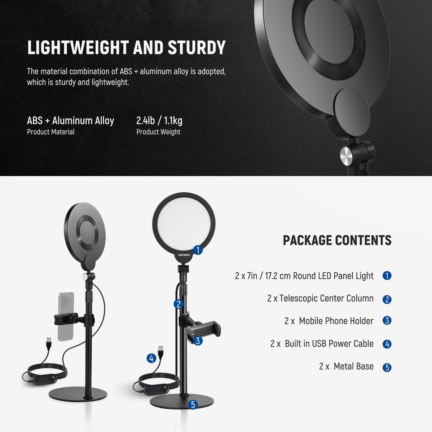NEEWER Basics 7" Desk Ring Light for Video Recording, 10W Dimmable Full Screen Key Lighting with Stand&Phone Holder for iPhone Computer Laptop Vlog Live Streaming Video Conference, R06