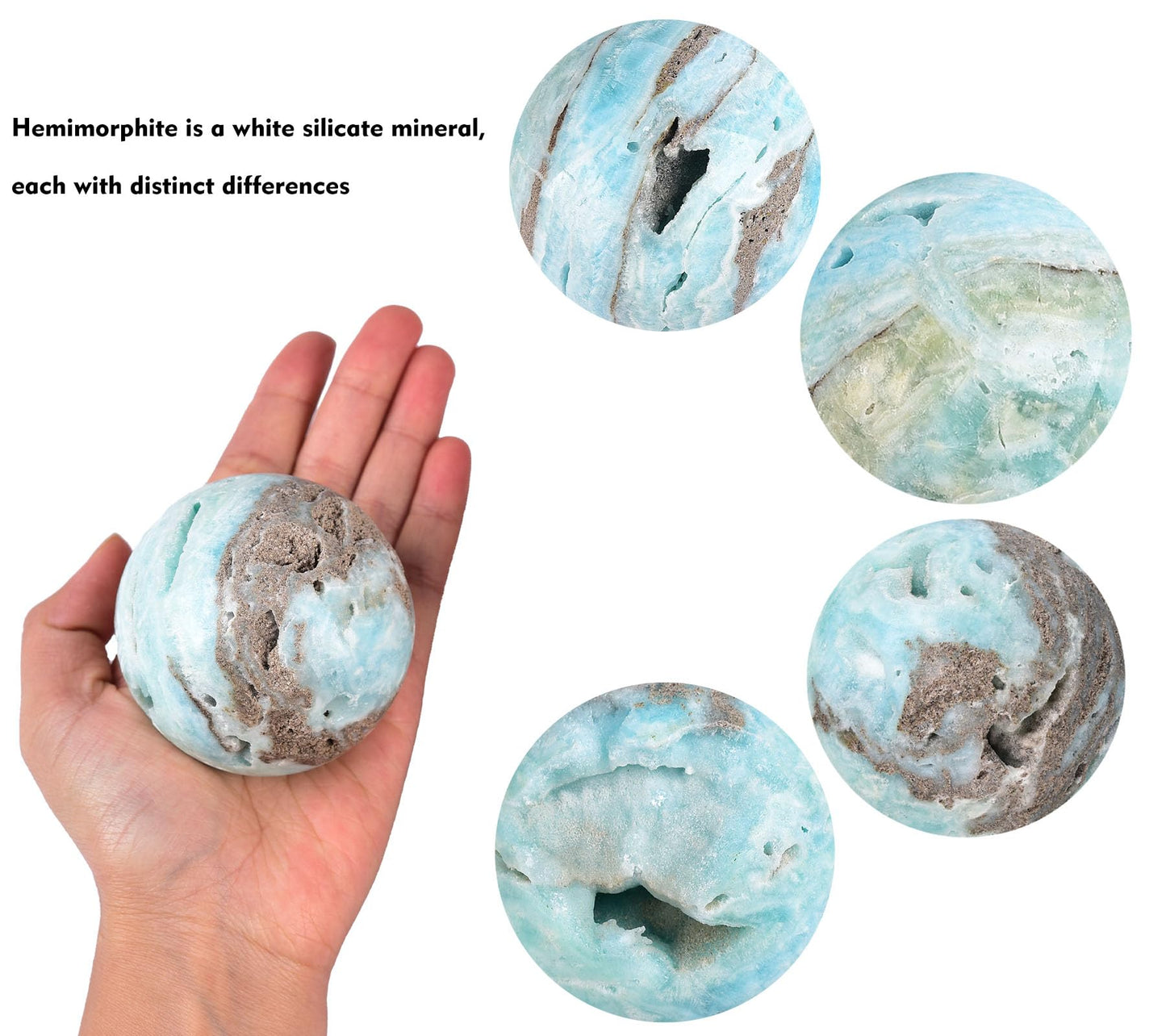 AMOYSTONE Blue Hemimorphite Orb 2.4-2.8" Spiritual Energy Stone Sphere with Wood Stand
