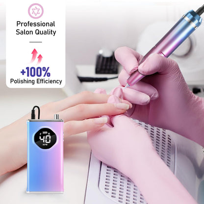 Electric Nail Drill File Professional 40000 RPM, Melodly Rechargeable Electric Nail File Machine Kit for Acrylic Gel Nails Polishing Removing, Portable Cordless Efile with Gold Bits Kit at Salon Home