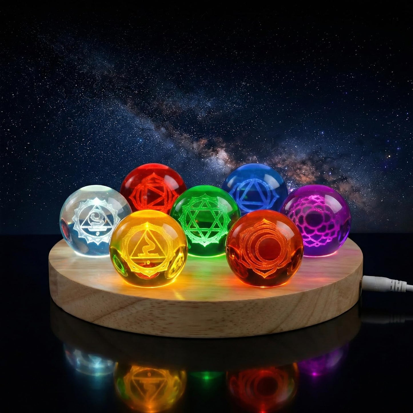 Hivexagon 7 40mm Chakra Crystal Ball Equipped with LED Wooden Base Come with Dimmer and Timer Cable for Meditation, Feng Shui Divination, Night Light Decorative, Gift (16X16X2cm)