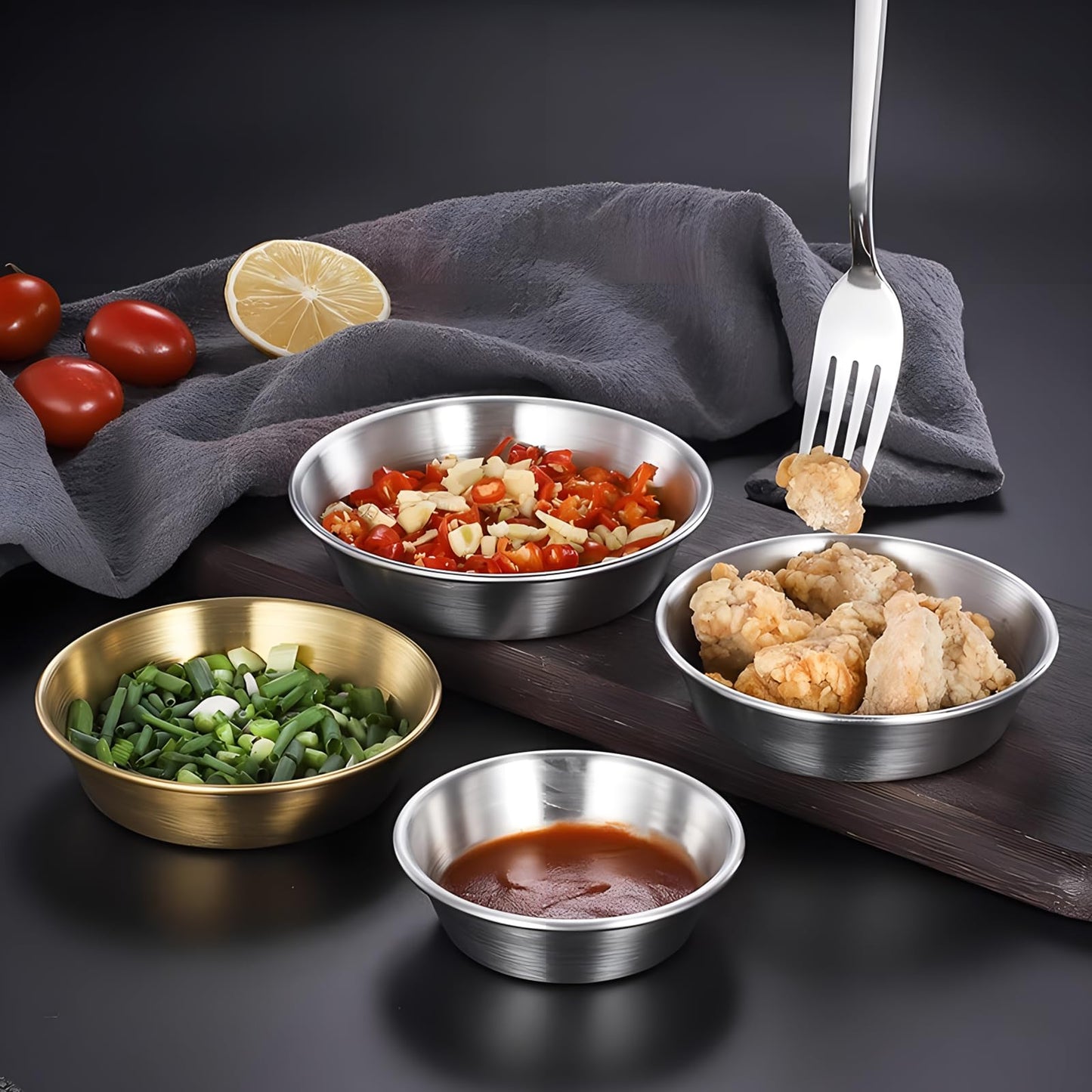 Fkereg 4 Pack Stainless Steel Soy Sauce Dish, 6 oz Dipping Condiment Bowls, Modern Style, Silver, 4.3 Inches, Dishwasher Safe