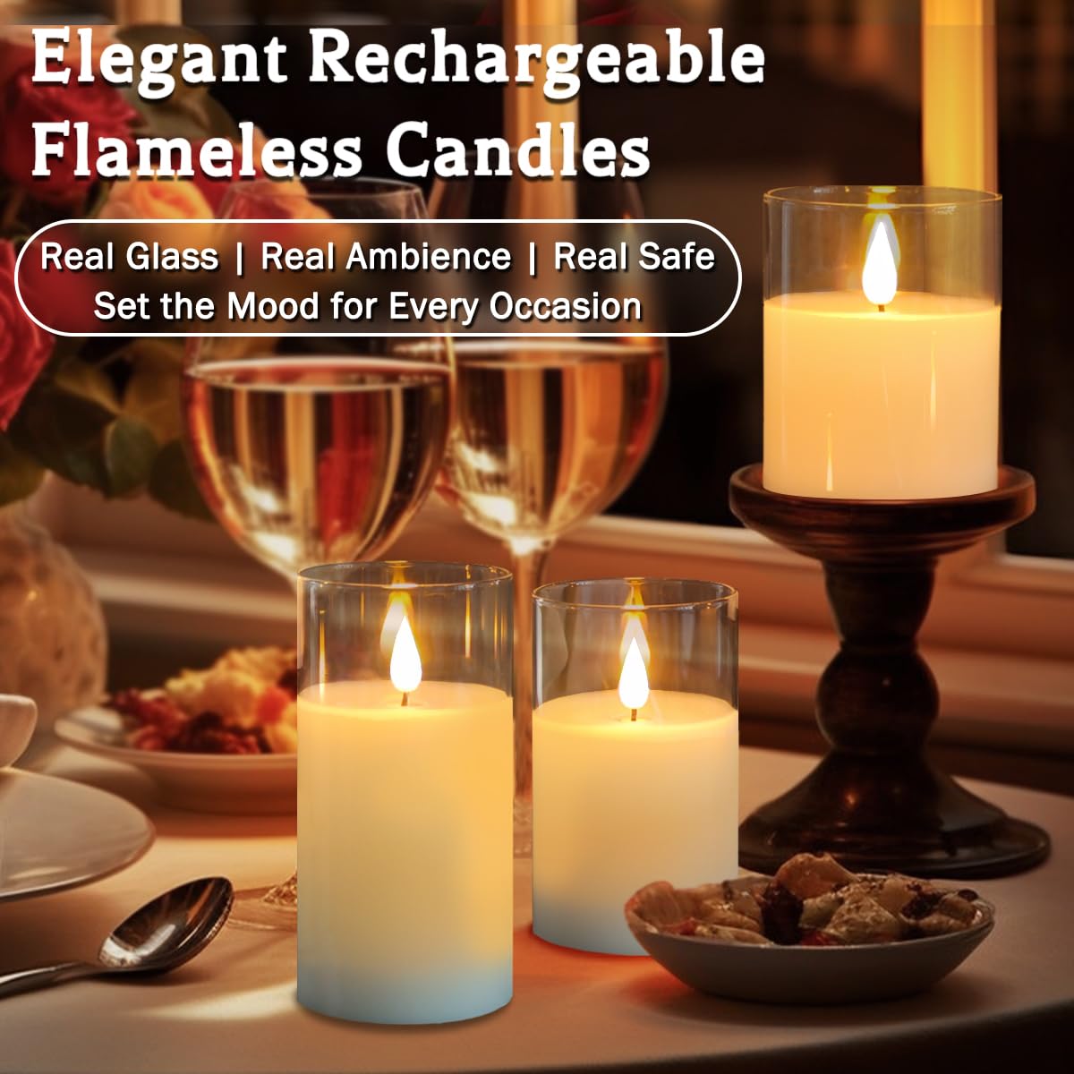 LEDHOLYT Rechargeable Flameless Glass Pillar Candles–Gifts for Women,–Set of 3, Realistic Flickering LED Flame,Remote & Timer, Ideal for Living Room, Bedroom & Halloween Festival Home Party Decor
