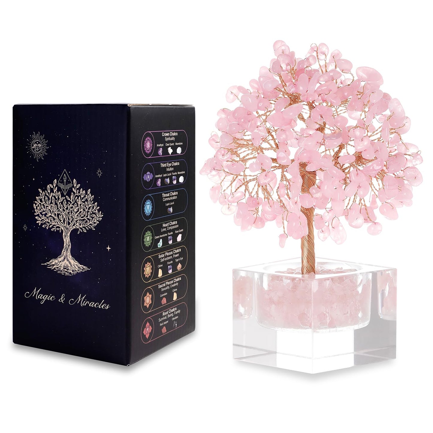 MAGIC AND MIRACLES Feng Shui Natural Rose Pink Quartz Crystal Money Tree Healing Crystals, Bonsai Style Decoration Office Home Desk Decor for Wealth Good Luck, Gifts for Women Mom Friends